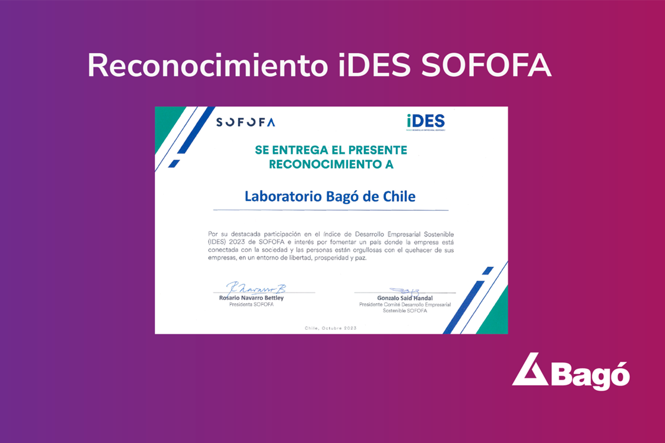 Reconocimiento iDES SOFOFA a Laboratorio Bagó